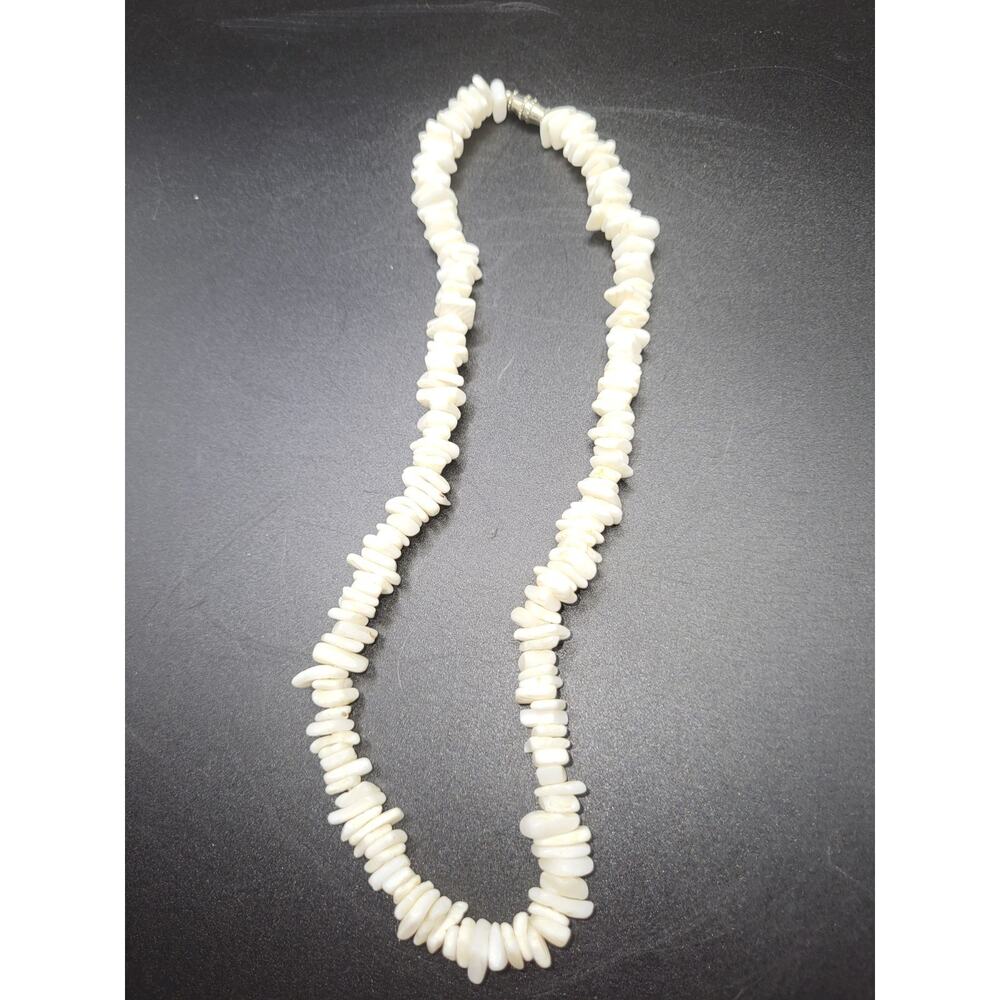 White Puka Shell Necklace - Hawaiian Style Clam Chip Surfer Necklace 16 in